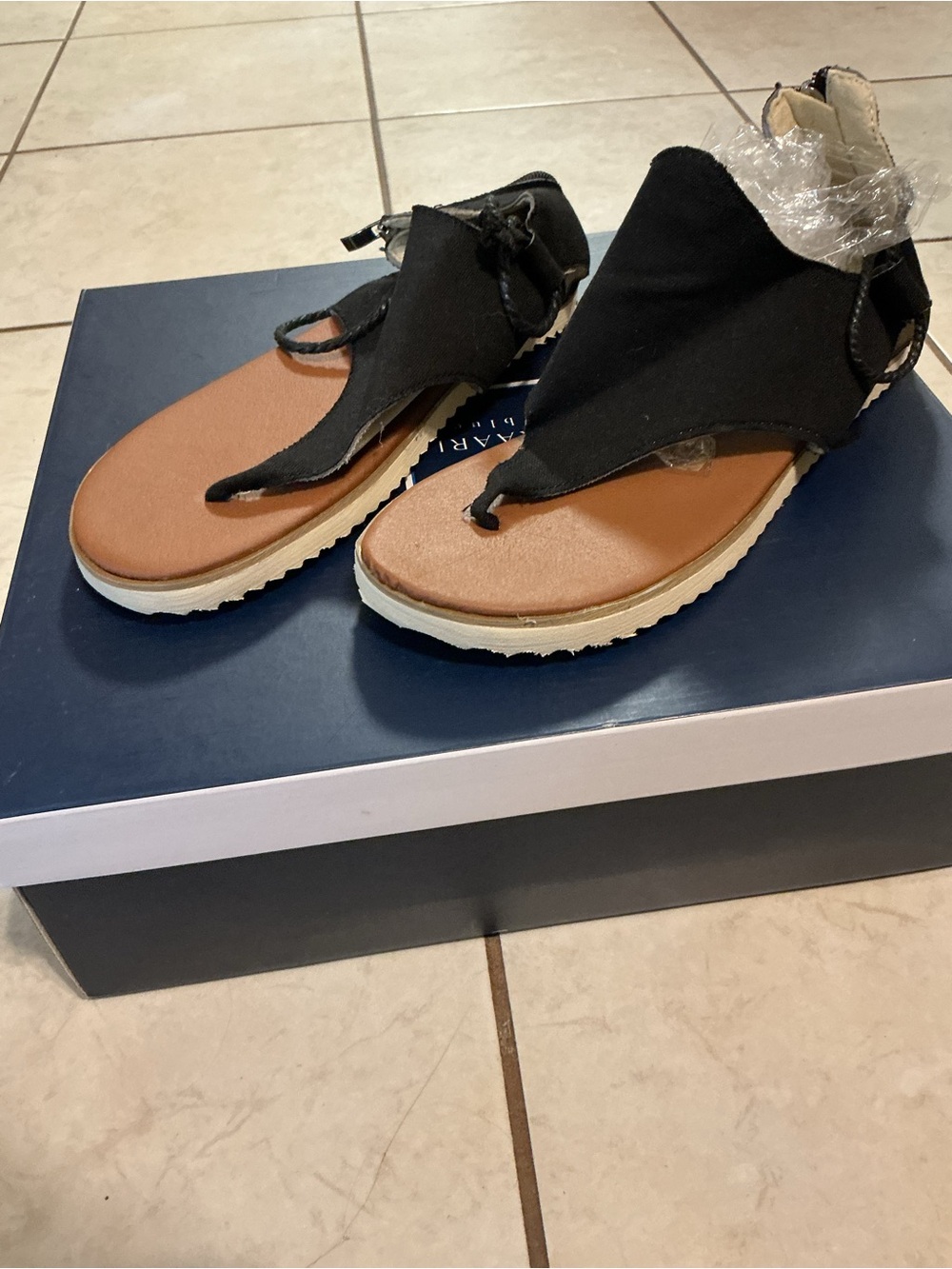 Black Fabric Gladiator Thong Sandal with Tan Footbed